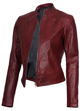 Amy Womens Maroon Cafe Racer Leather Jacket