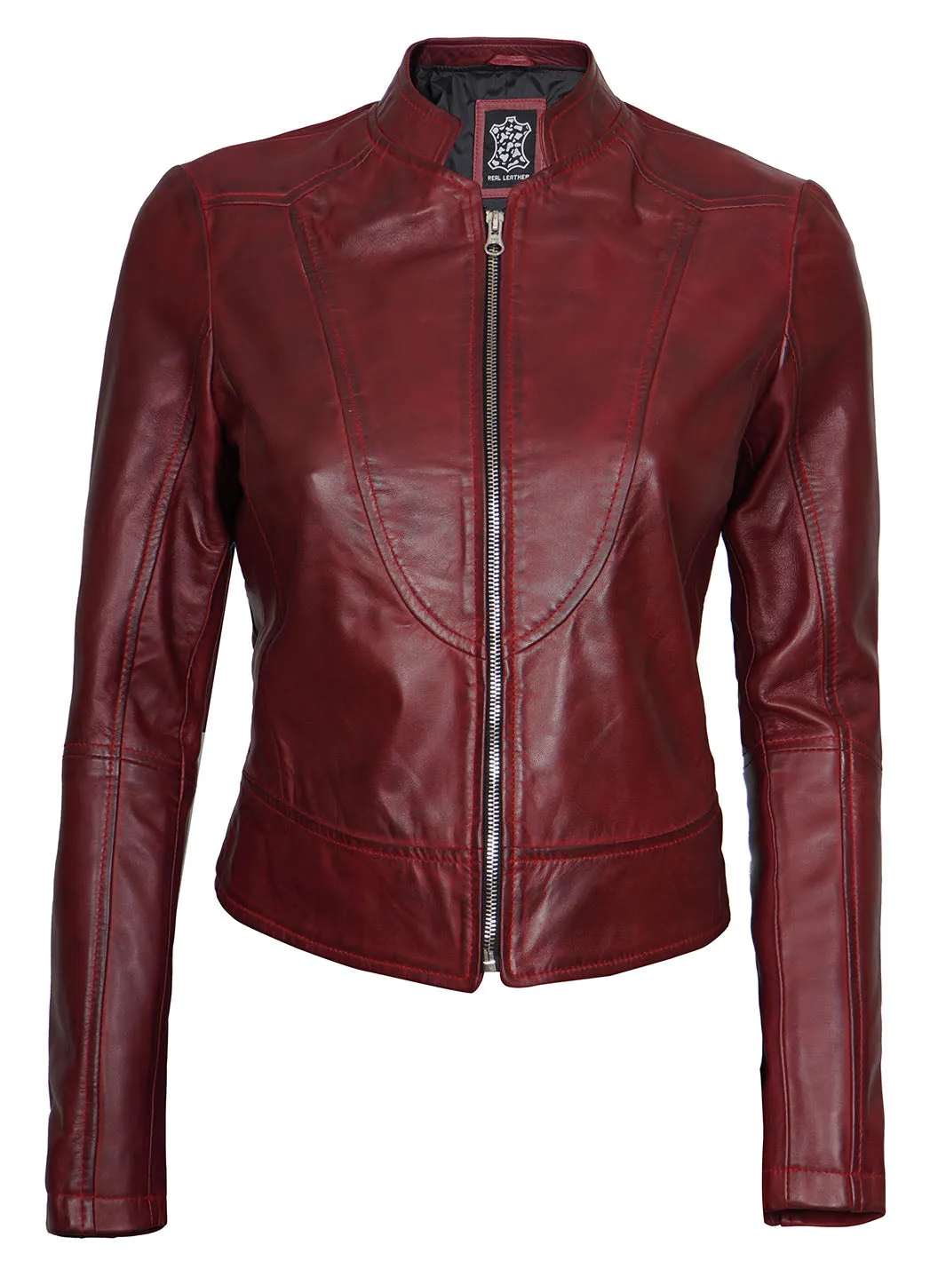 Amy Womens Maroon Cafe Racer Leather Jacket