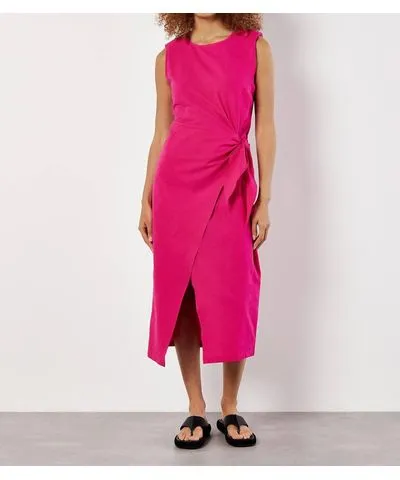 APRICOT Wrap & Knot Cotton Midi Dress In Fuchsia