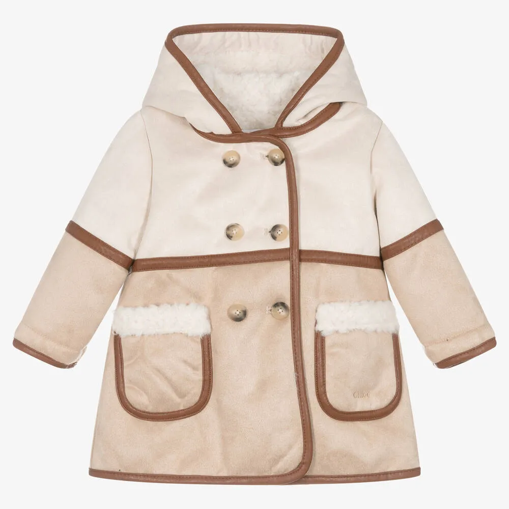 Baby Girls Beige Hooded Suede Coat