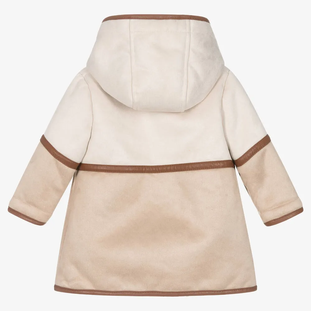 Baby Girls Beige Hooded Suede Coat