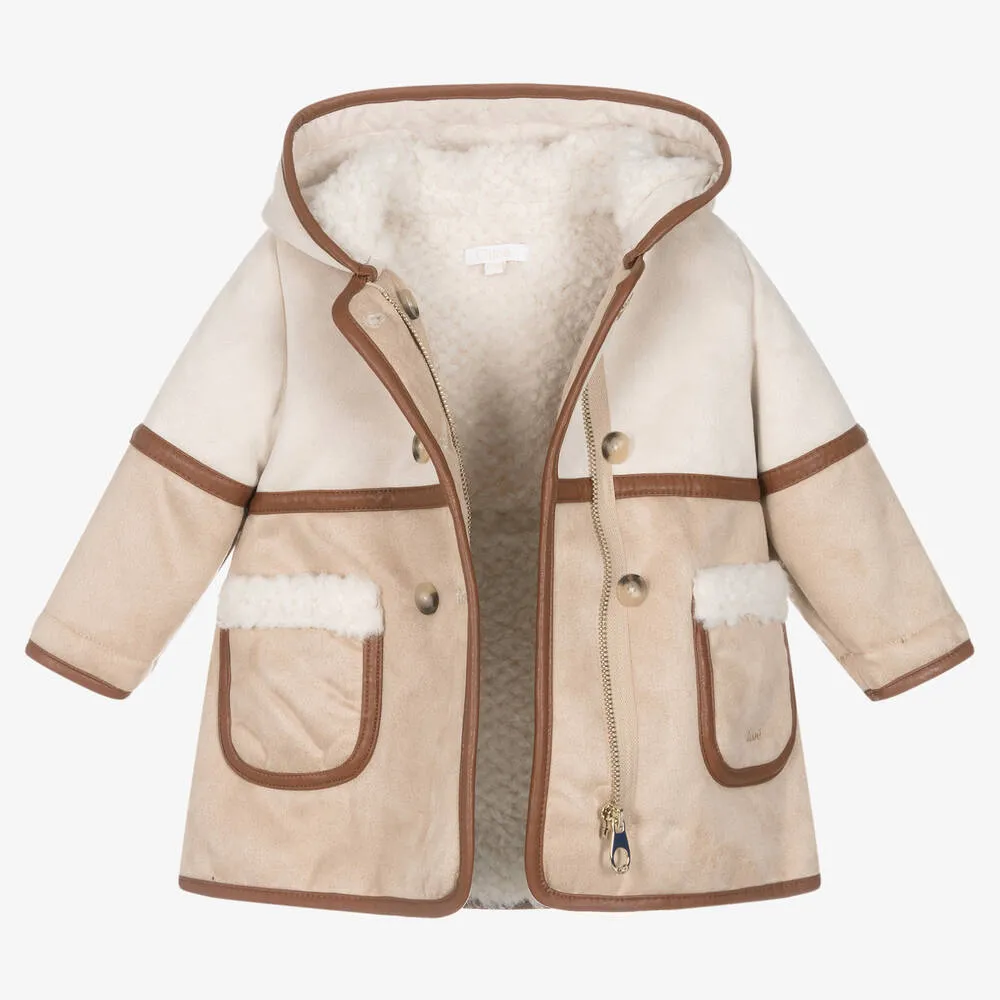 Baby Girls Beige Hooded Suede Coat