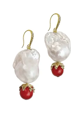 Baroque Pearl With Red Coral Earrings KE029