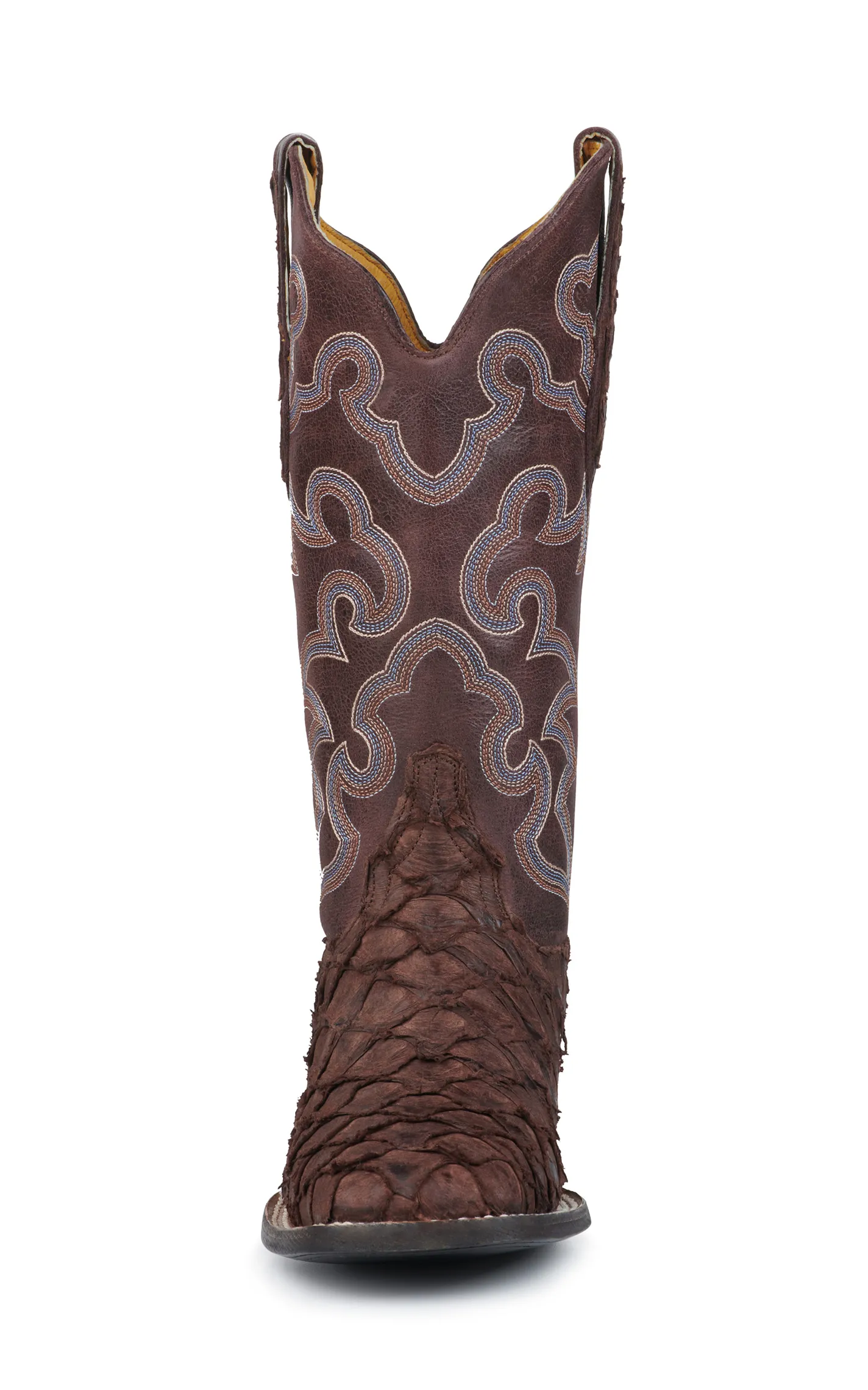 Cavender's Women's Cigar Brown Pirarucu and Chocolate Wide Square Toe Exotic Cowboy Boots