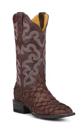 Cavender's Women's Cigar Brown Pirarucu and Chocolate Wide Square Toe Exotic Cowboy Boots