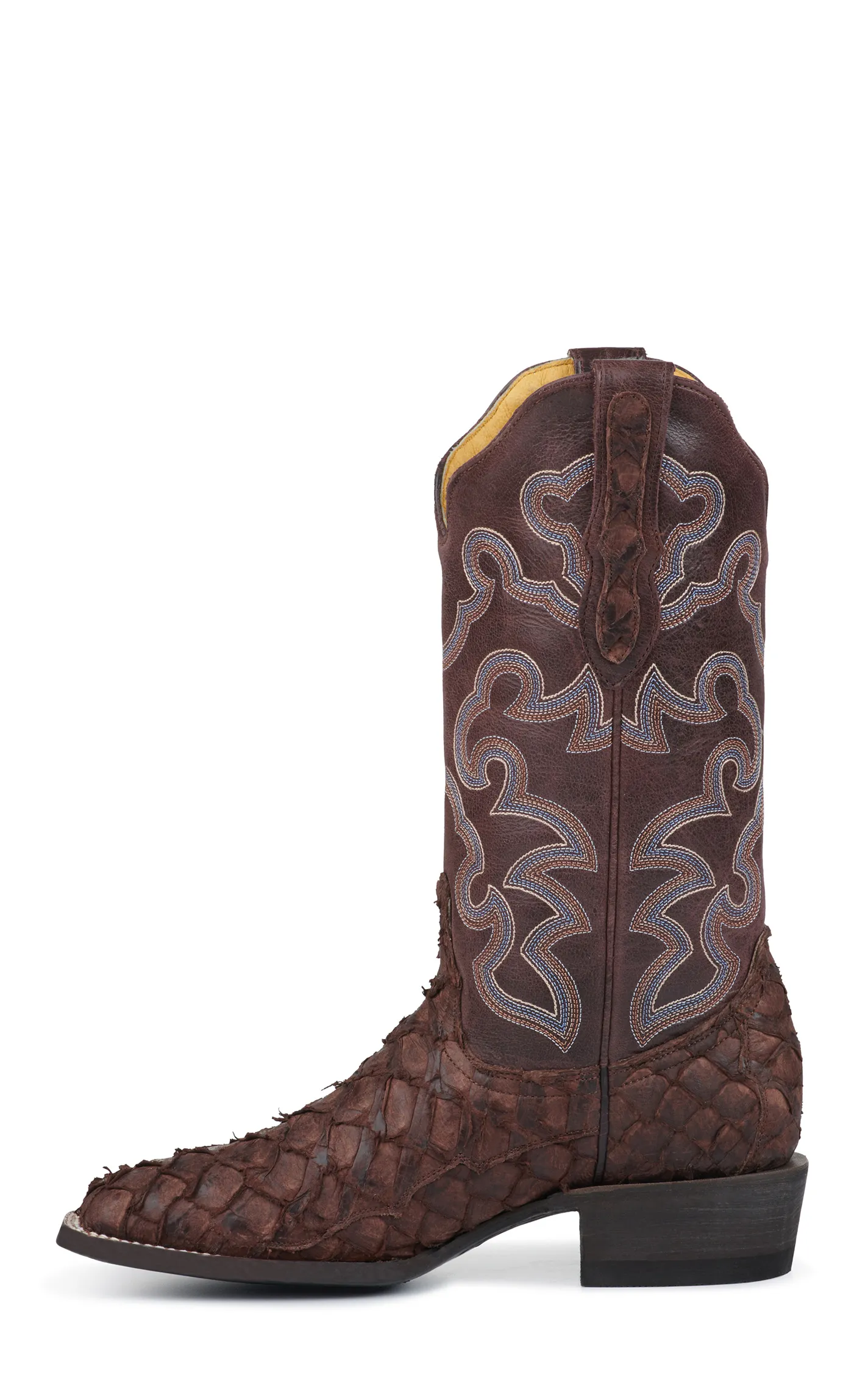 Cavender's Women's Cigar Brown Pirarucu and Chocolate Wide Square Toe Exotic Cowboy Boots