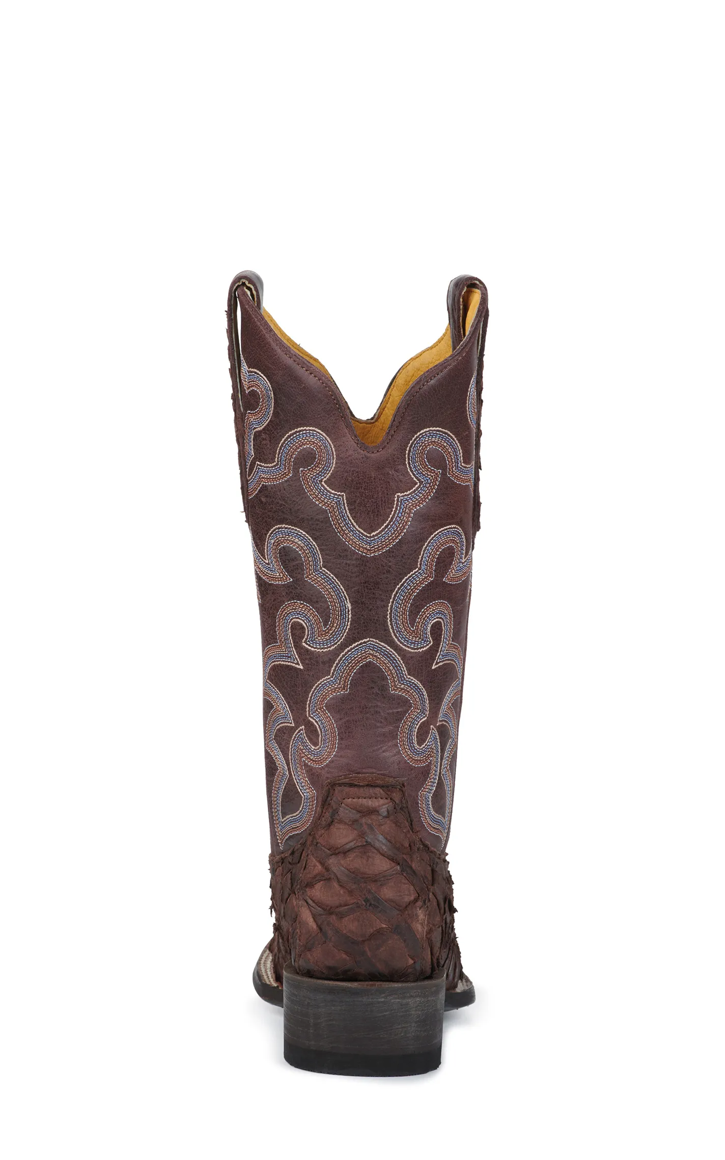 Cavender's Women's Cigar Brown Pirarucu and Chocolate Wide Square Toe Exotic Cowboy Boots