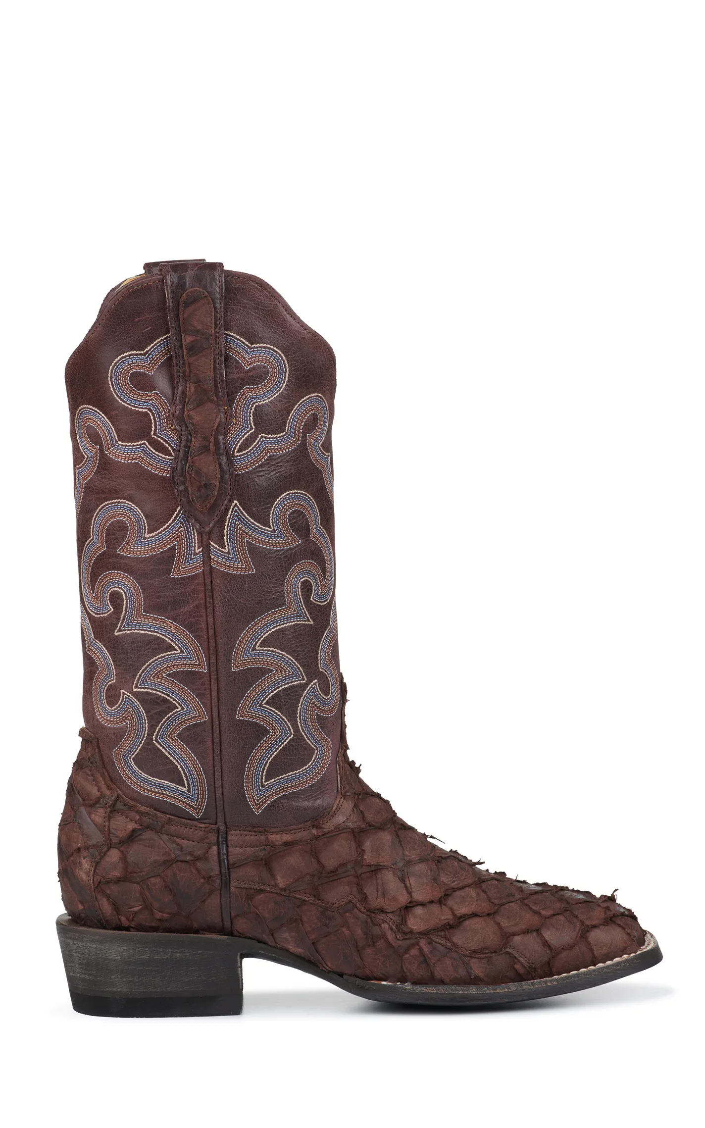 Cavender's Women's Cigar Brown Pirarucu and Chocolate Wide Square Toe Exotic Cowboy Boots