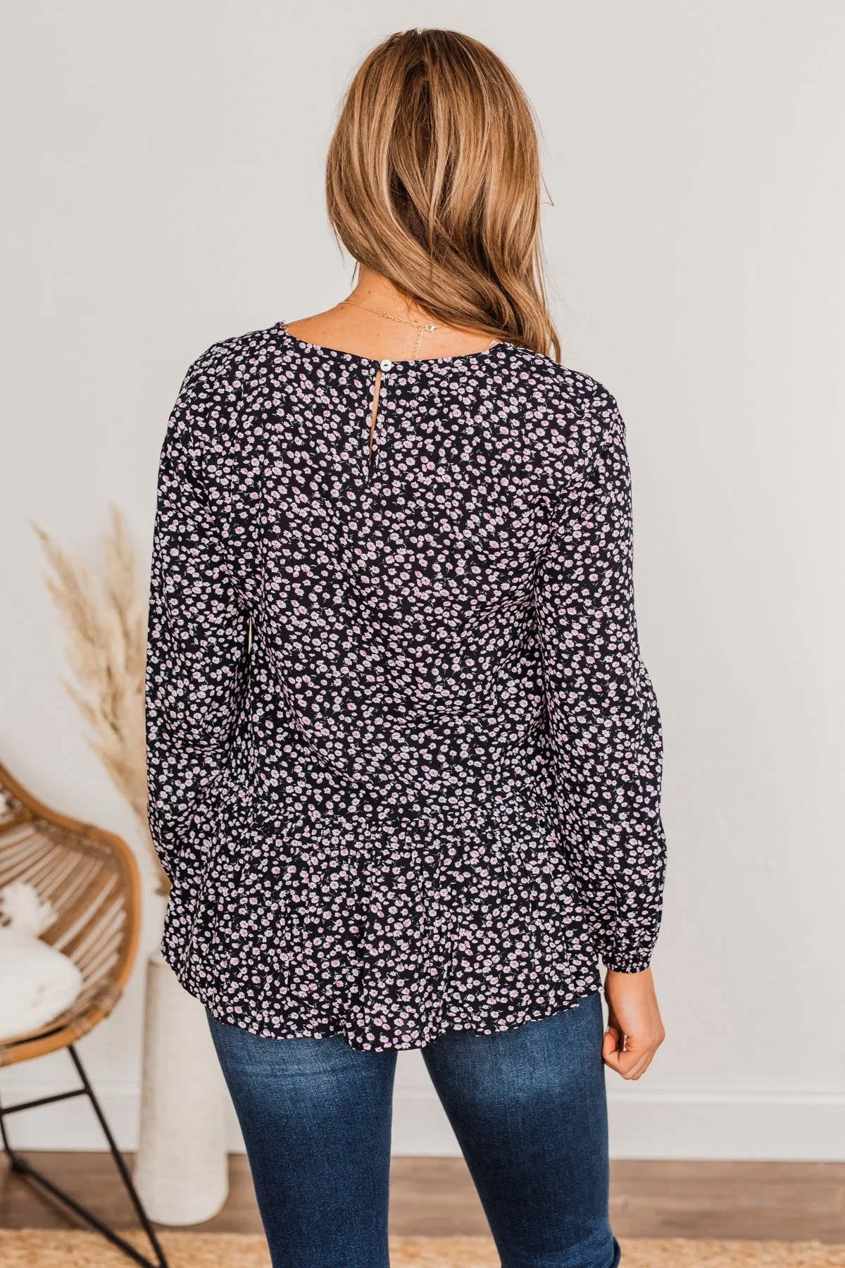 Chose To Be Happy Floral Blouse- Dark Navy & Purple