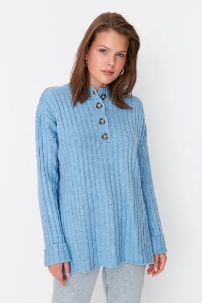 Collar Buttoned Ribbed Sweater