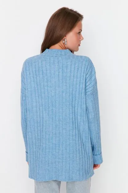 Collar Buttoned Ribbed Sweater