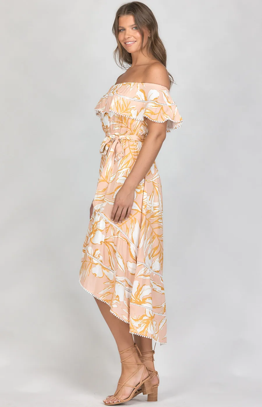 Cotton Floral Off the Shoulder Dress with Trim Details (SDR707-3B)