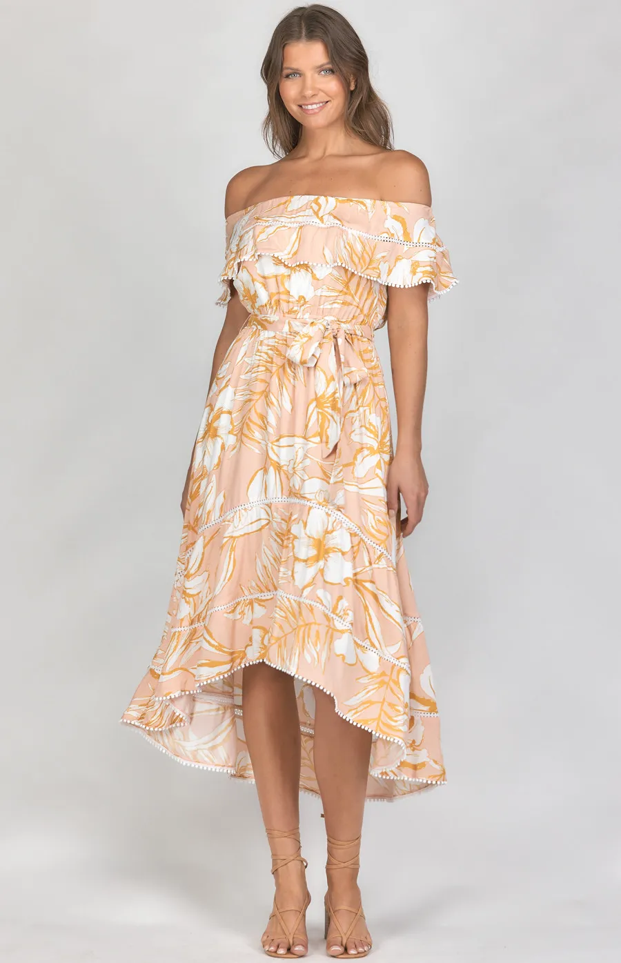 Cotton Floral Off the Shoulder Dress with Trim Details (SDR707-3B)