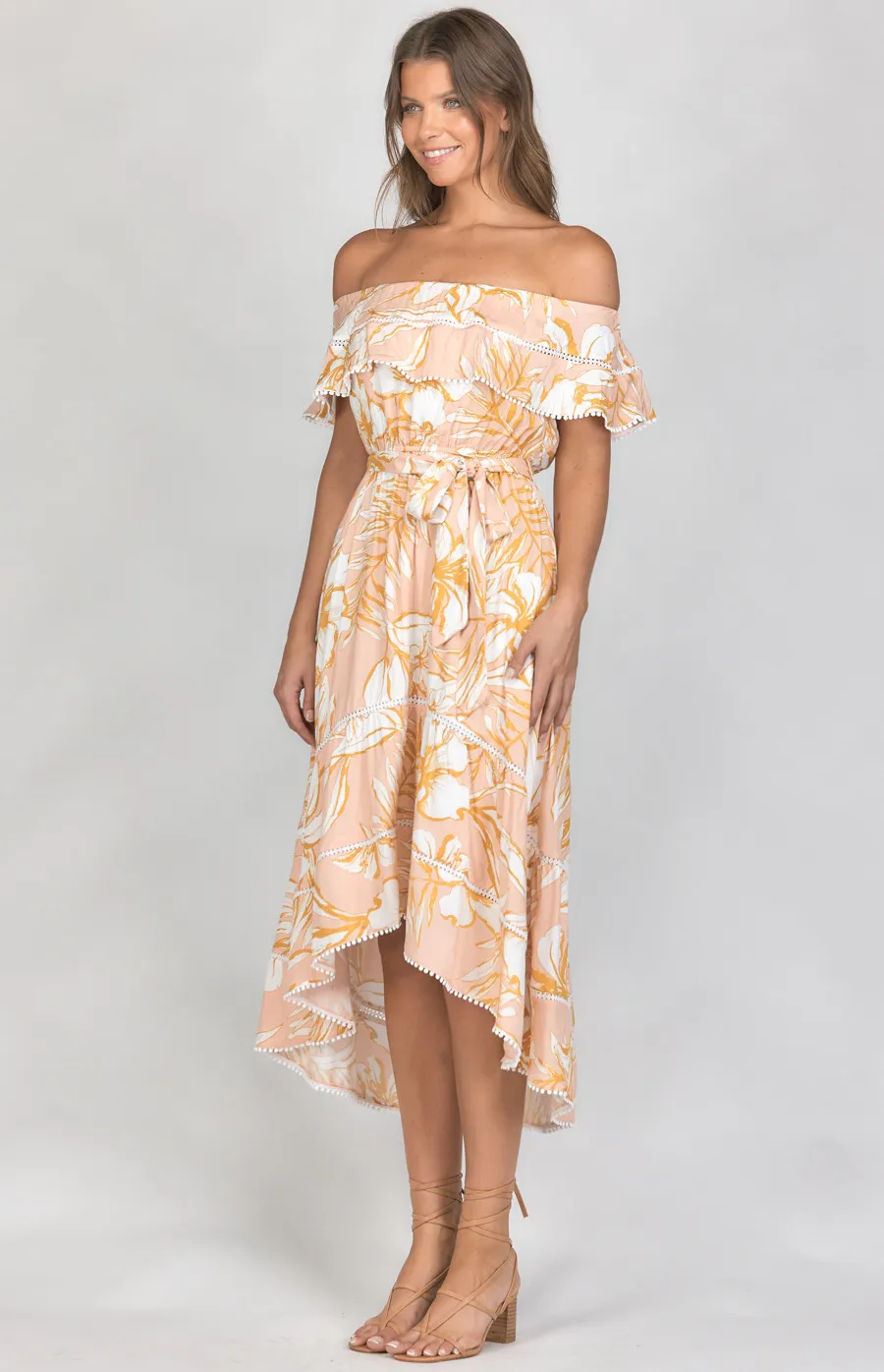 Cotton Floral Off the Shoulder Dress with Trim Details (SDR707-3B)