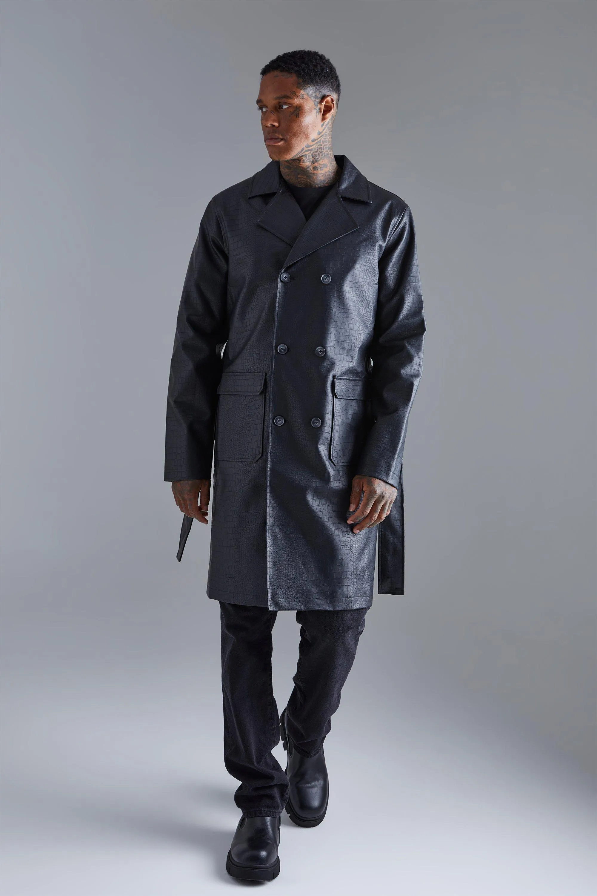 Croc Pu Trench Coat | boohooMAN UK