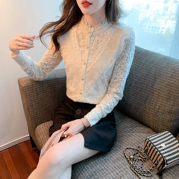 Elegant Women's Non-stretch Lace Full Sleeves Basic Office Blouse Top