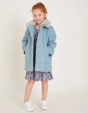 Faux Fur Collar Boucle Coat Blue