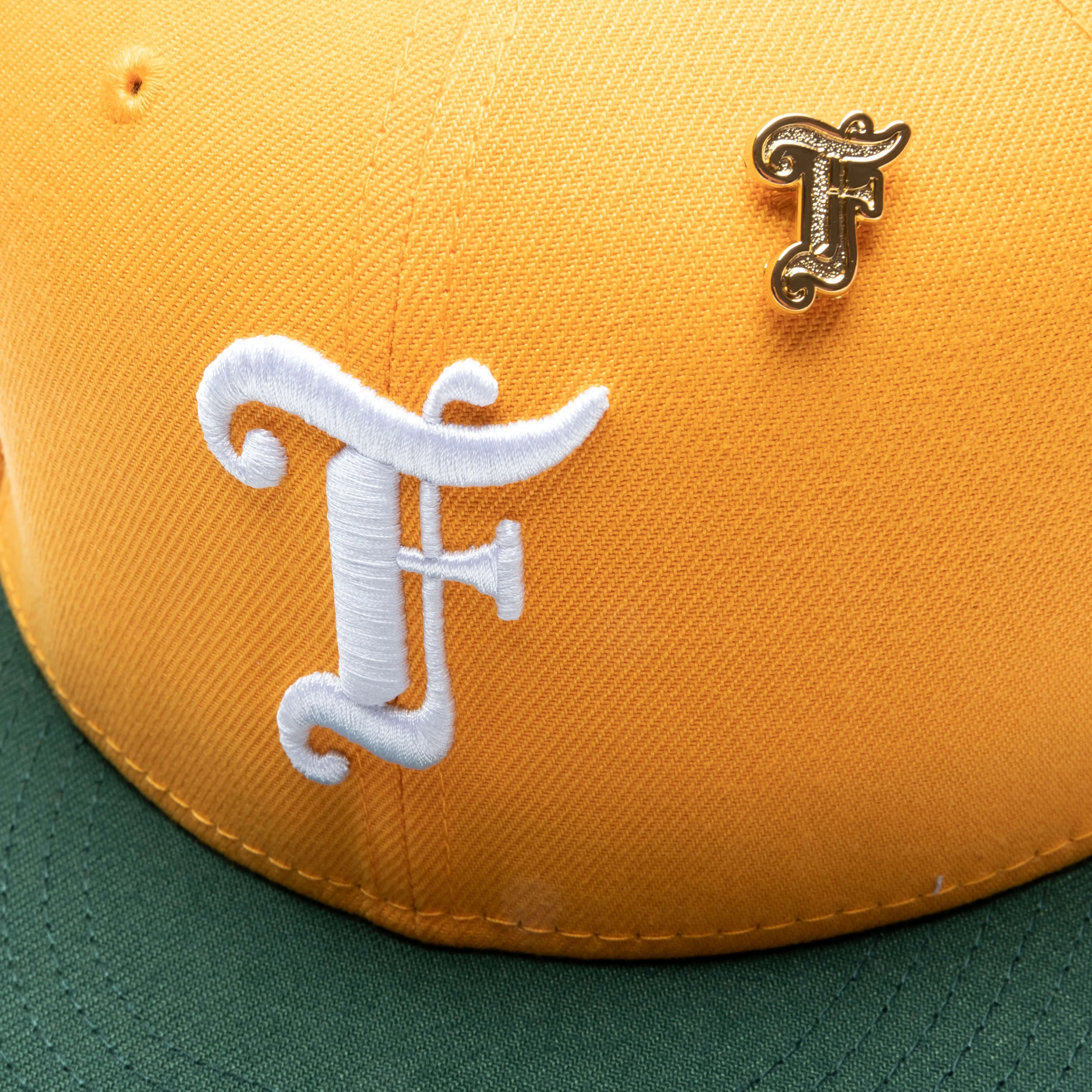 Feature x New Era Old English F Snapback Hat w/ Pin - Gold/Cilantro