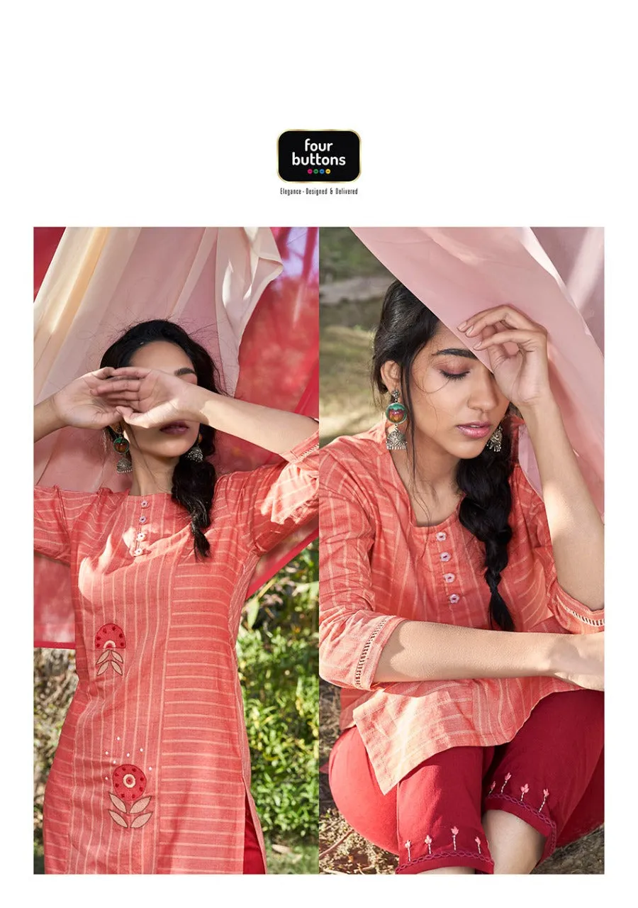 Four Buttons Presents Peach Pure Cotton Daily Wear Kurtis Collection And Pants