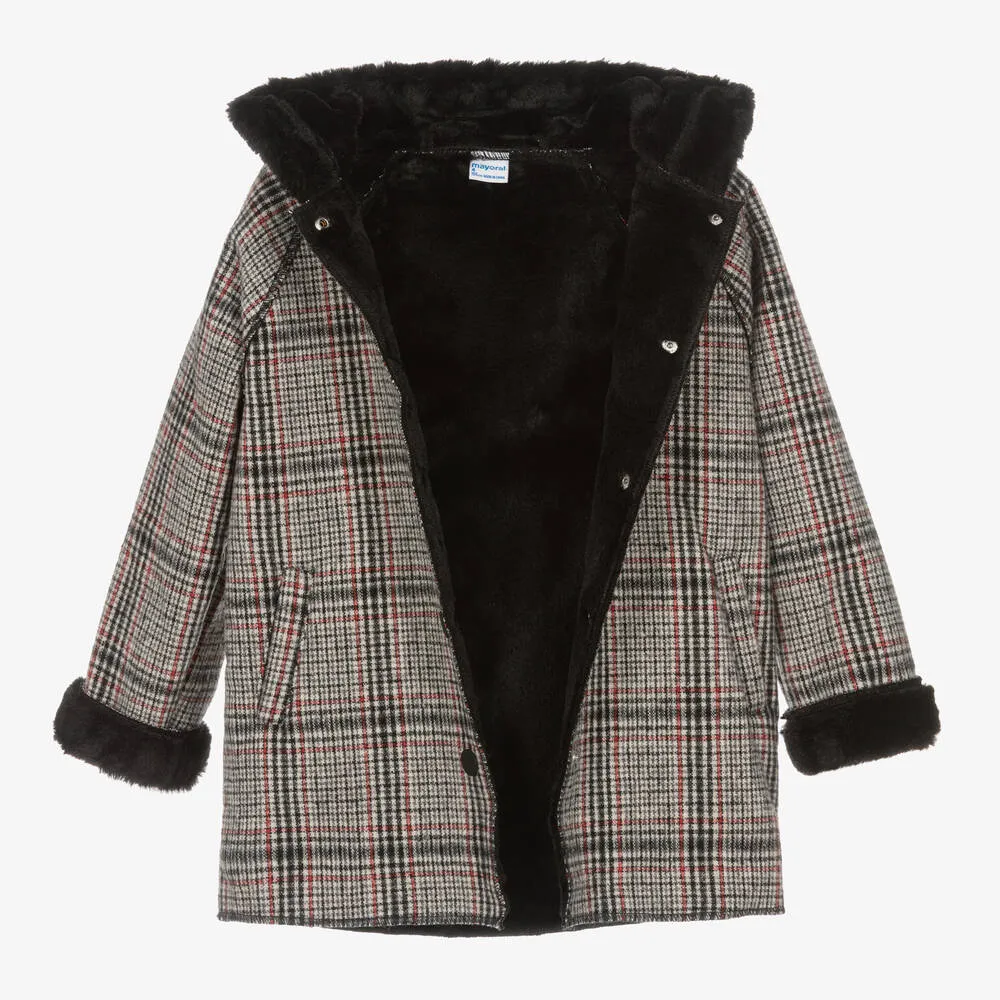 Girls Black & Red Check Coat