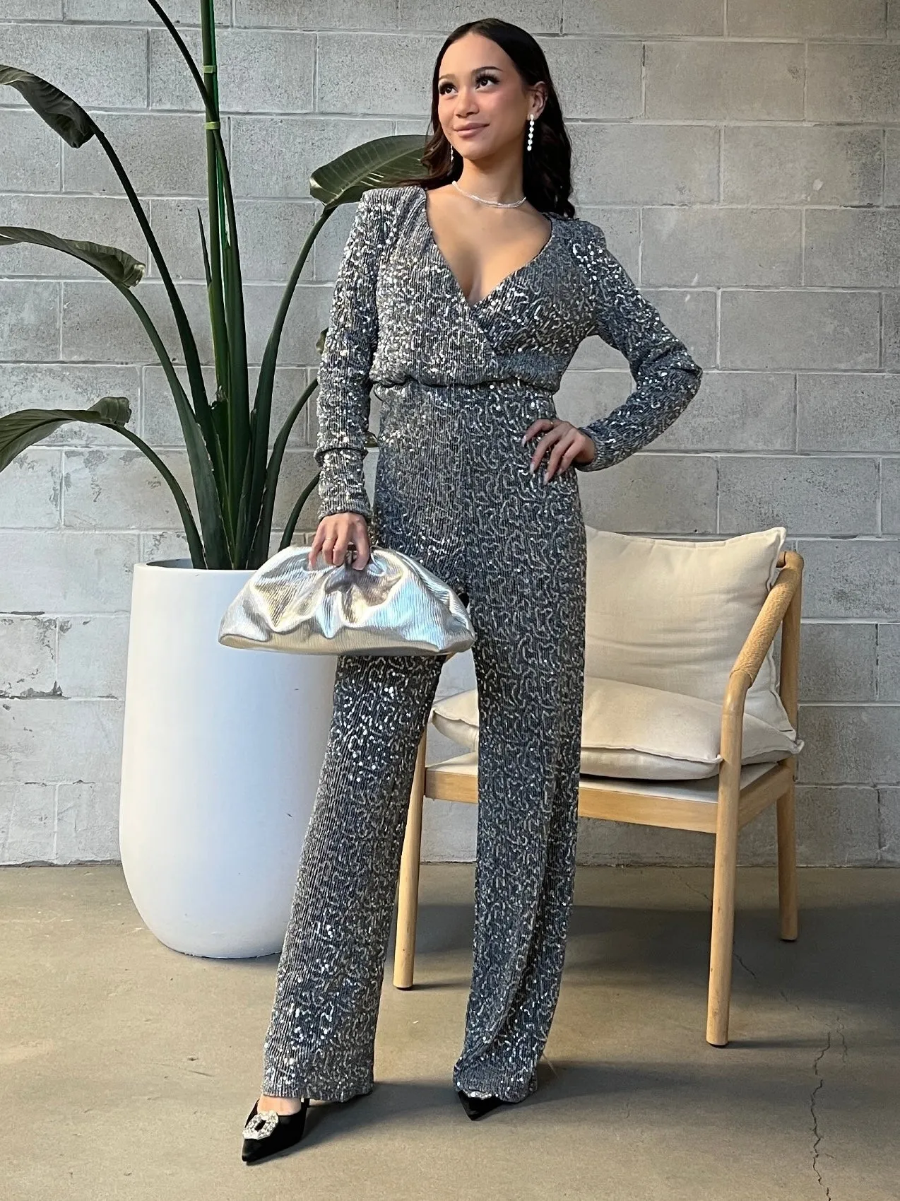 GLAMOROUS Sequin V-Neck Jumpsuit