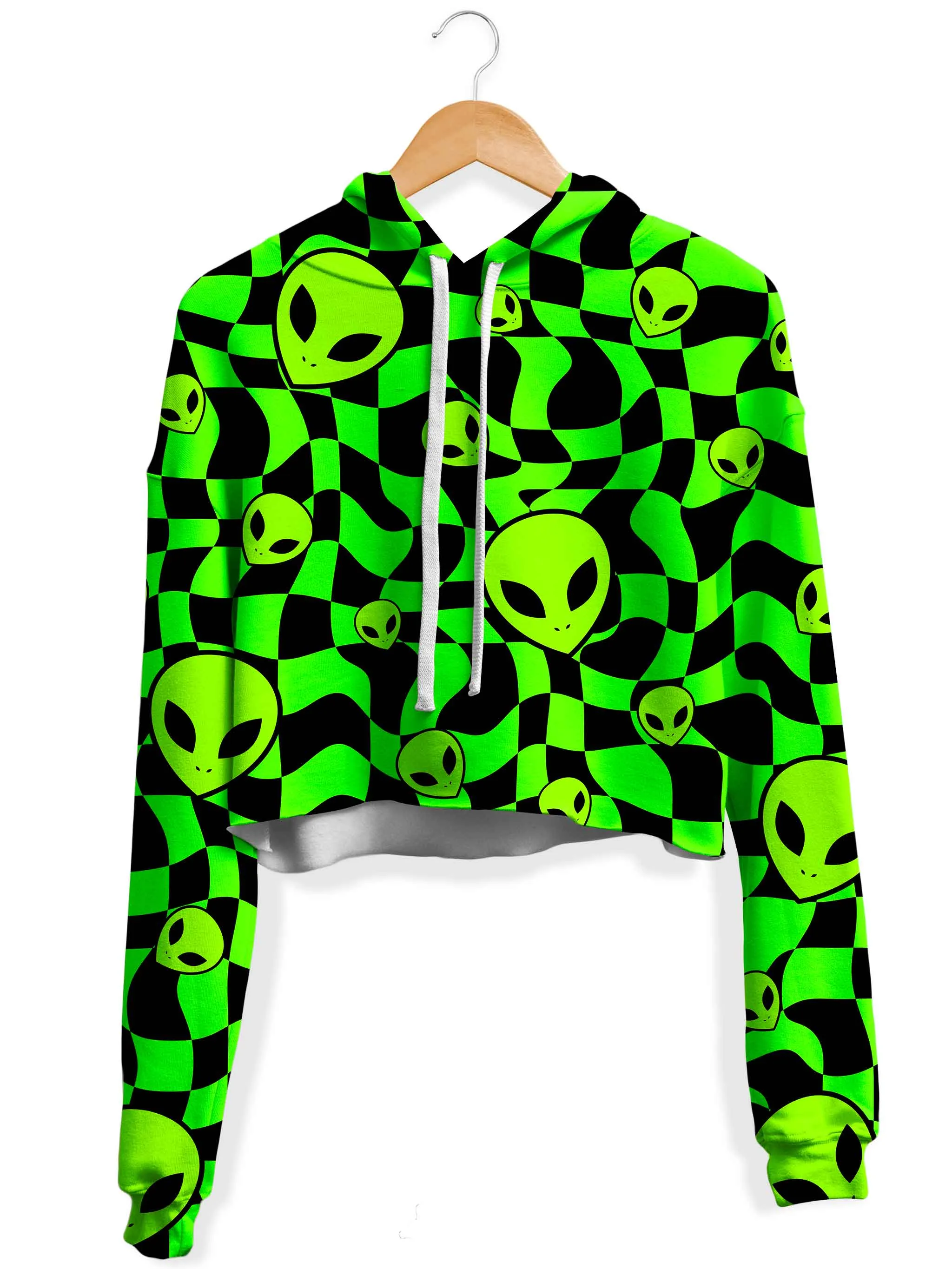 Green Aliens Fleece Crop Hoodie