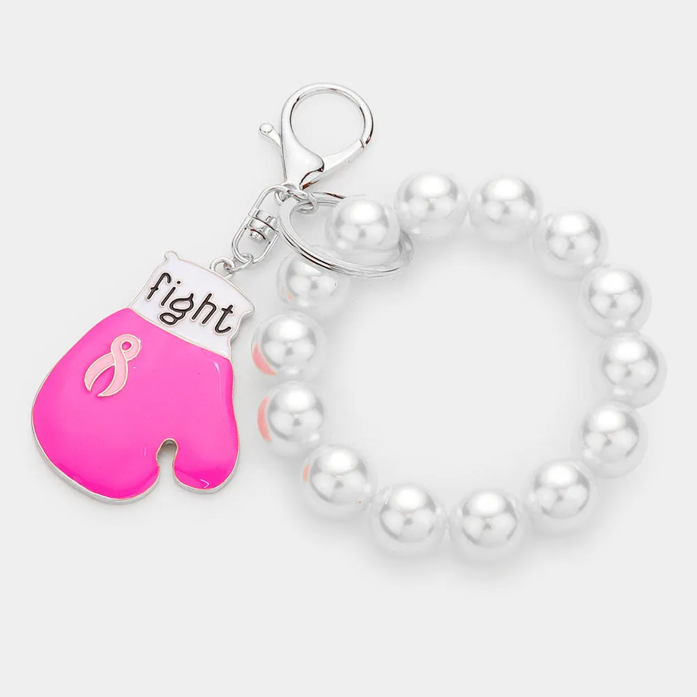 iLLASPARKZ Fight Message Pink Ribbon Glove Pearl Stretch Keychain / Bracelet