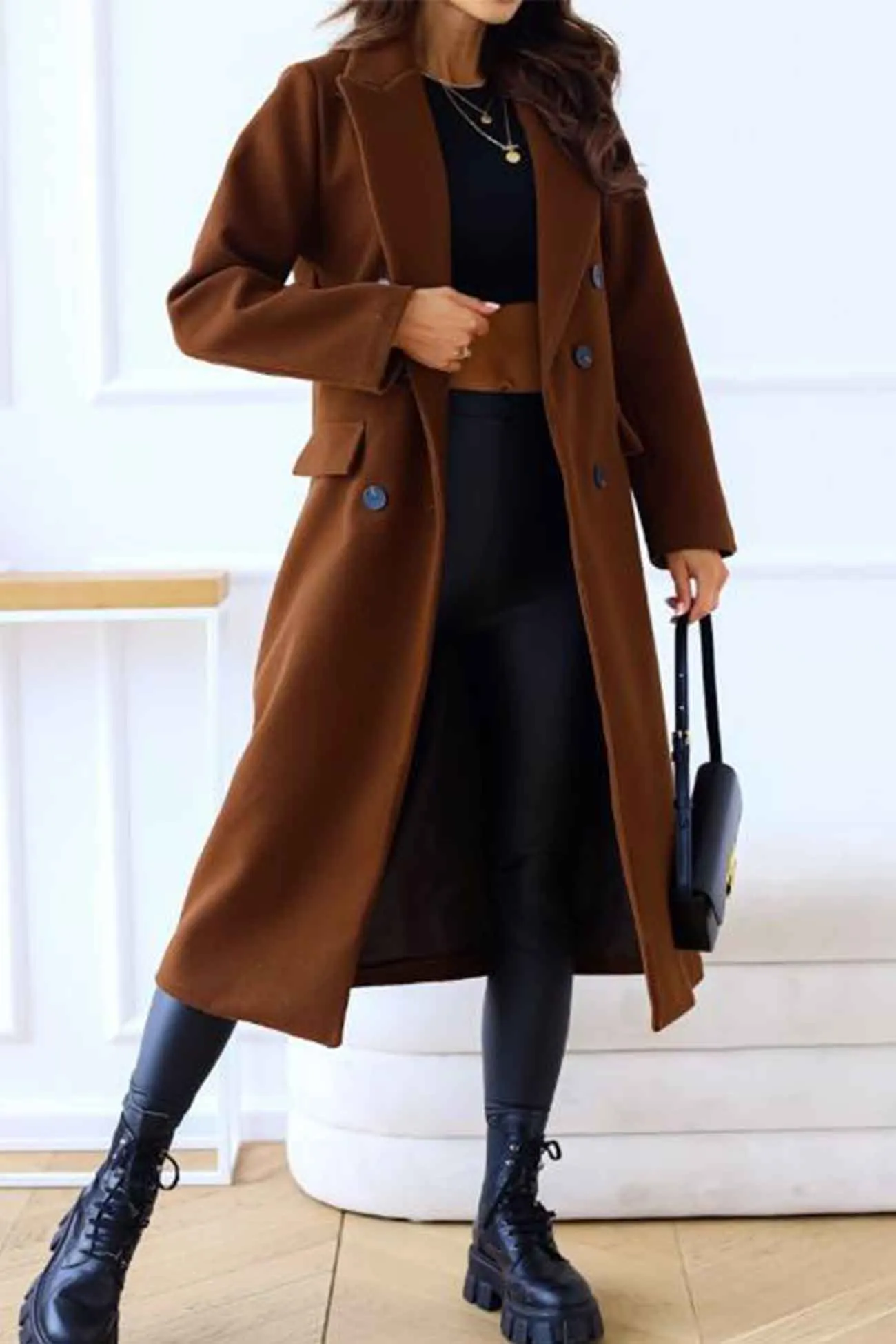 Lapel Double Breasted Long Sleeve Coat