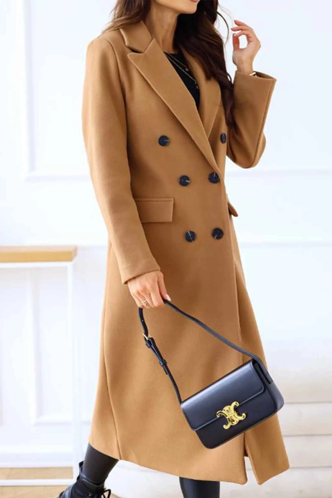 Lapel Double Breasted Long Sleeve Coat