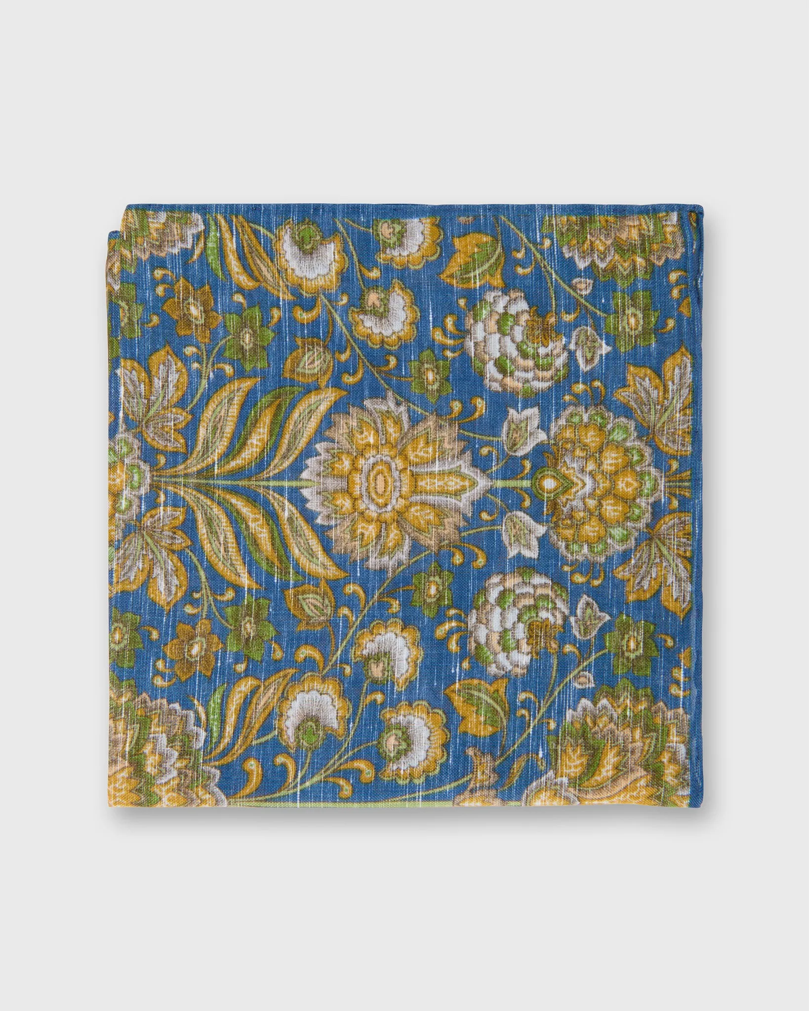 Linen/Cotton Print Pocket Square in Blue/Green/Yellow Floral