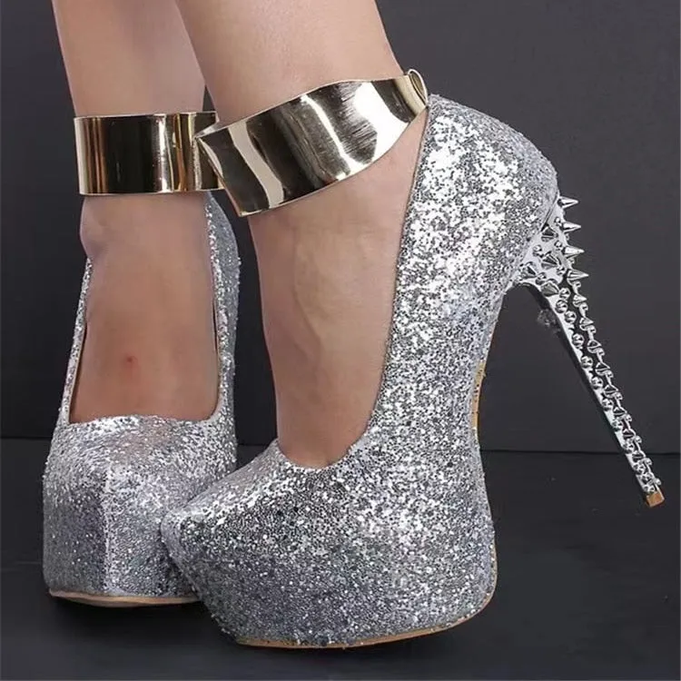 Luxury Women's Glitter Metal Rivet Decor Pointed Toe High Heel Pumps