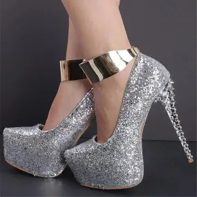 Luxury Women's Glitter Metal Rivet Decor Pointed Toe High Heel Pumps