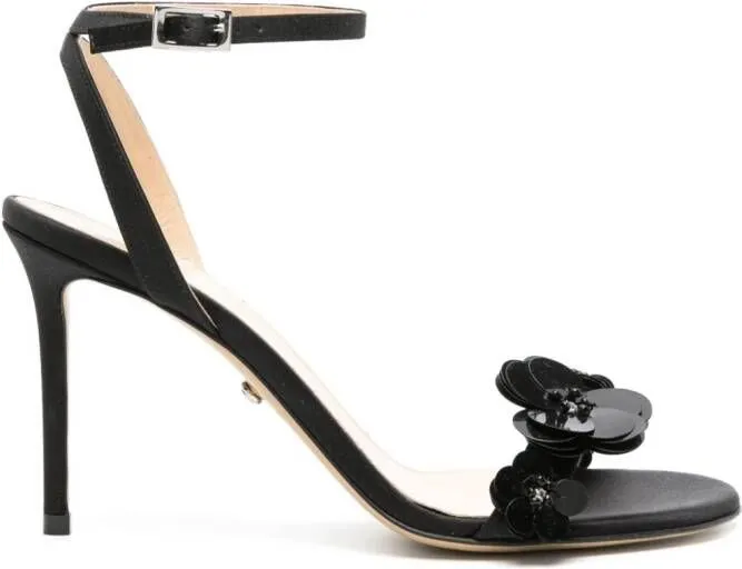 MACH & MACH floral-appliqué satin sandals Black