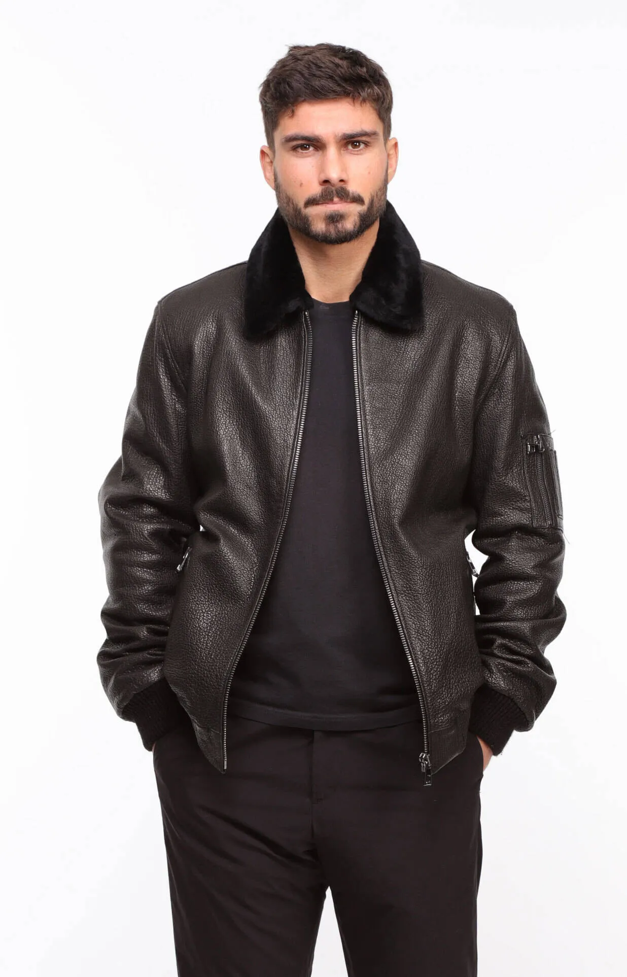 Men's black leather jacket in \patrol\ pilot style