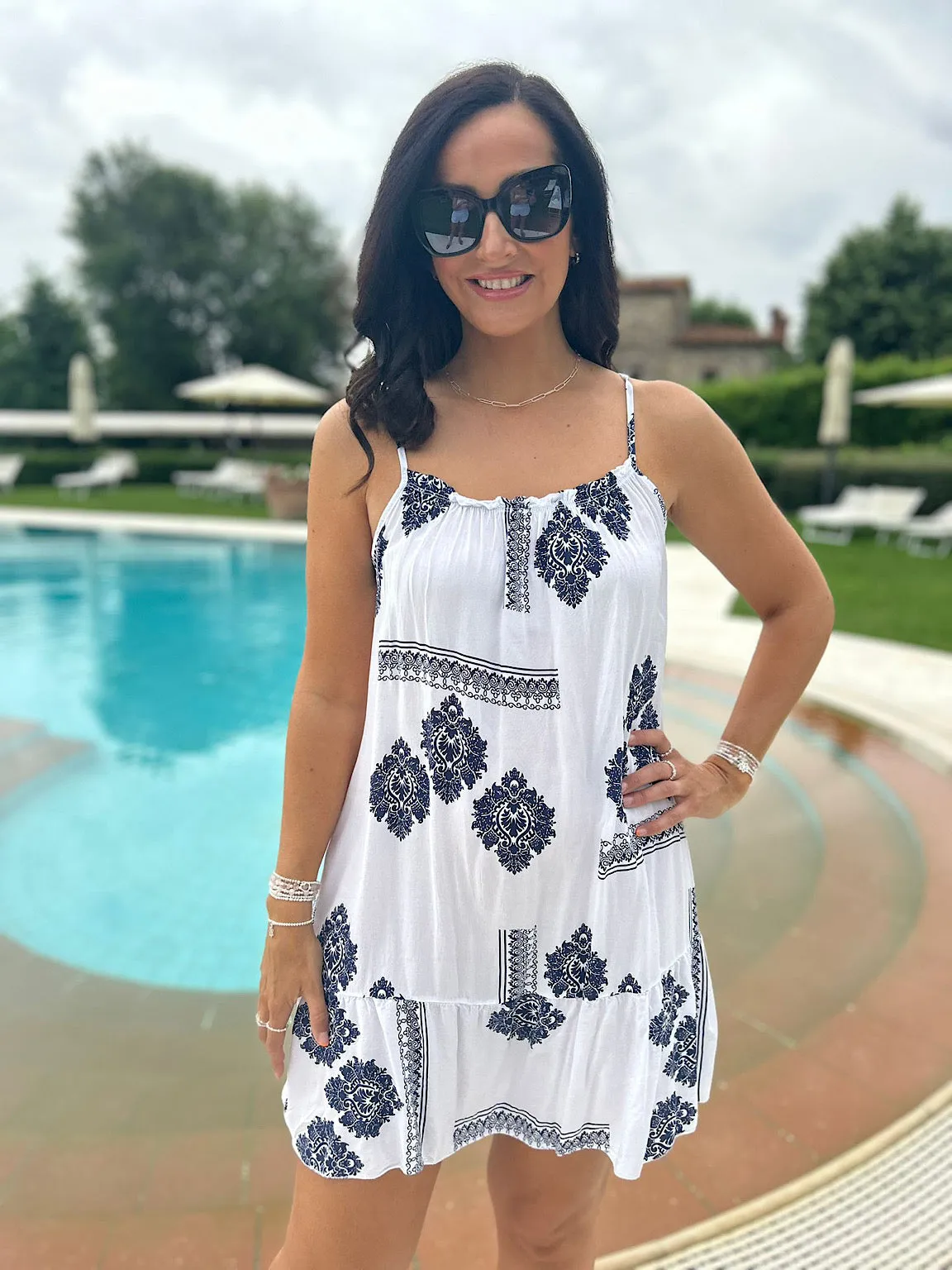 Navy Damask Pattern Strappy Dress Thea