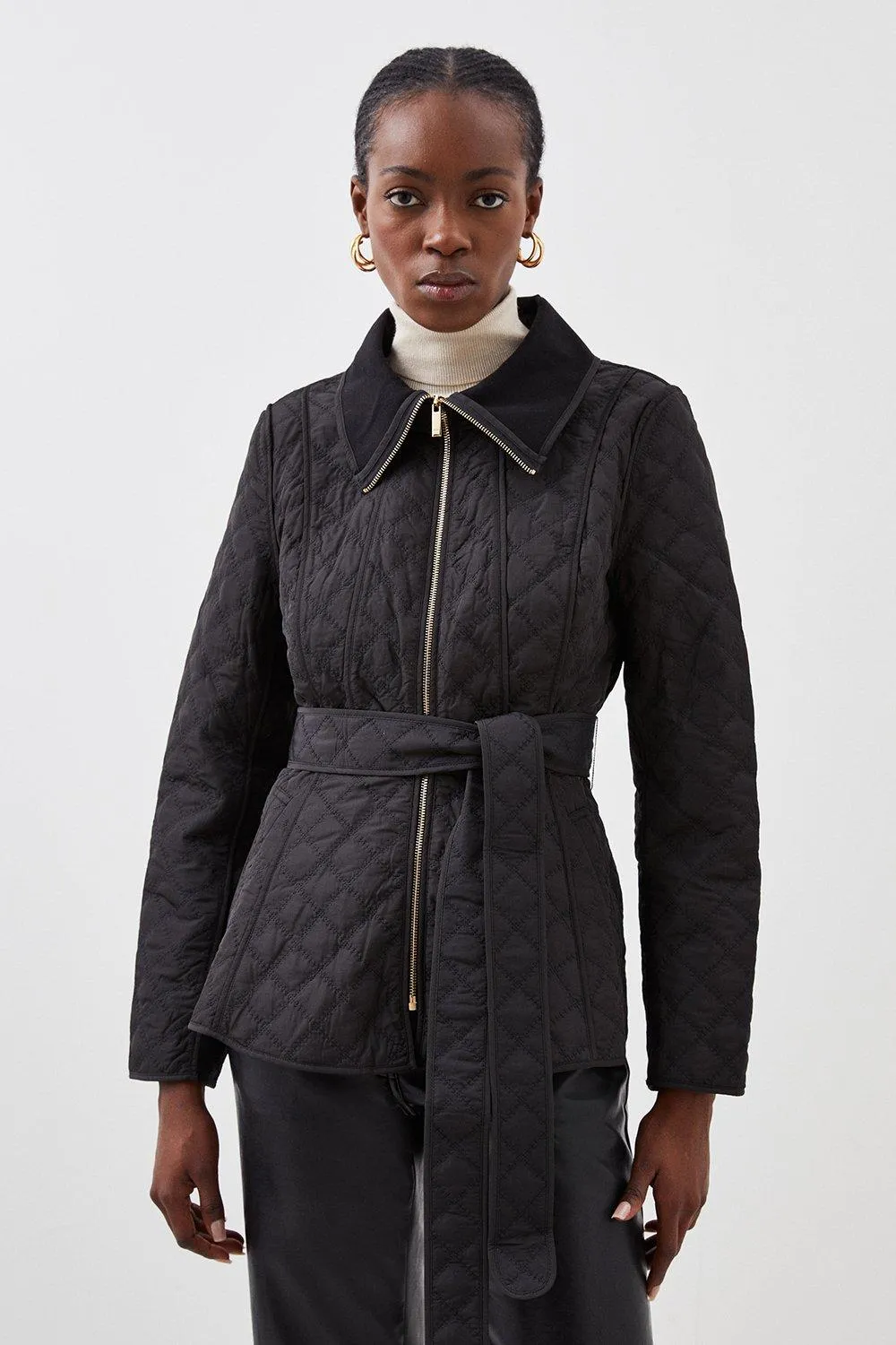 Quilted Peplum Belted Coat | Karen Millen