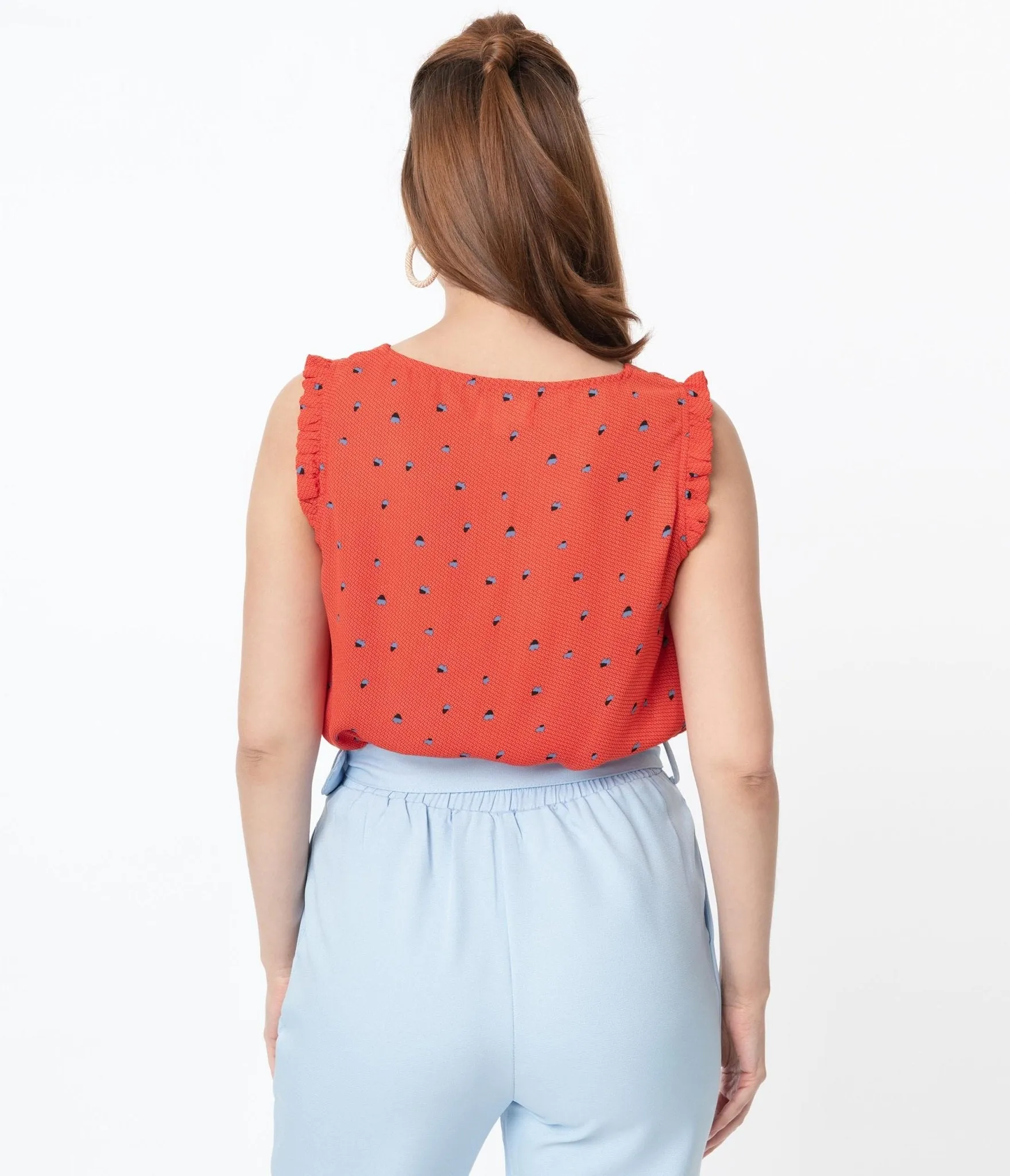 Red Abstract Pattern & Blue Floral Print Sleeveless Blouse