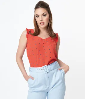 Red Abstract Pattern & Blue Floral Print Sleeveless Blouse