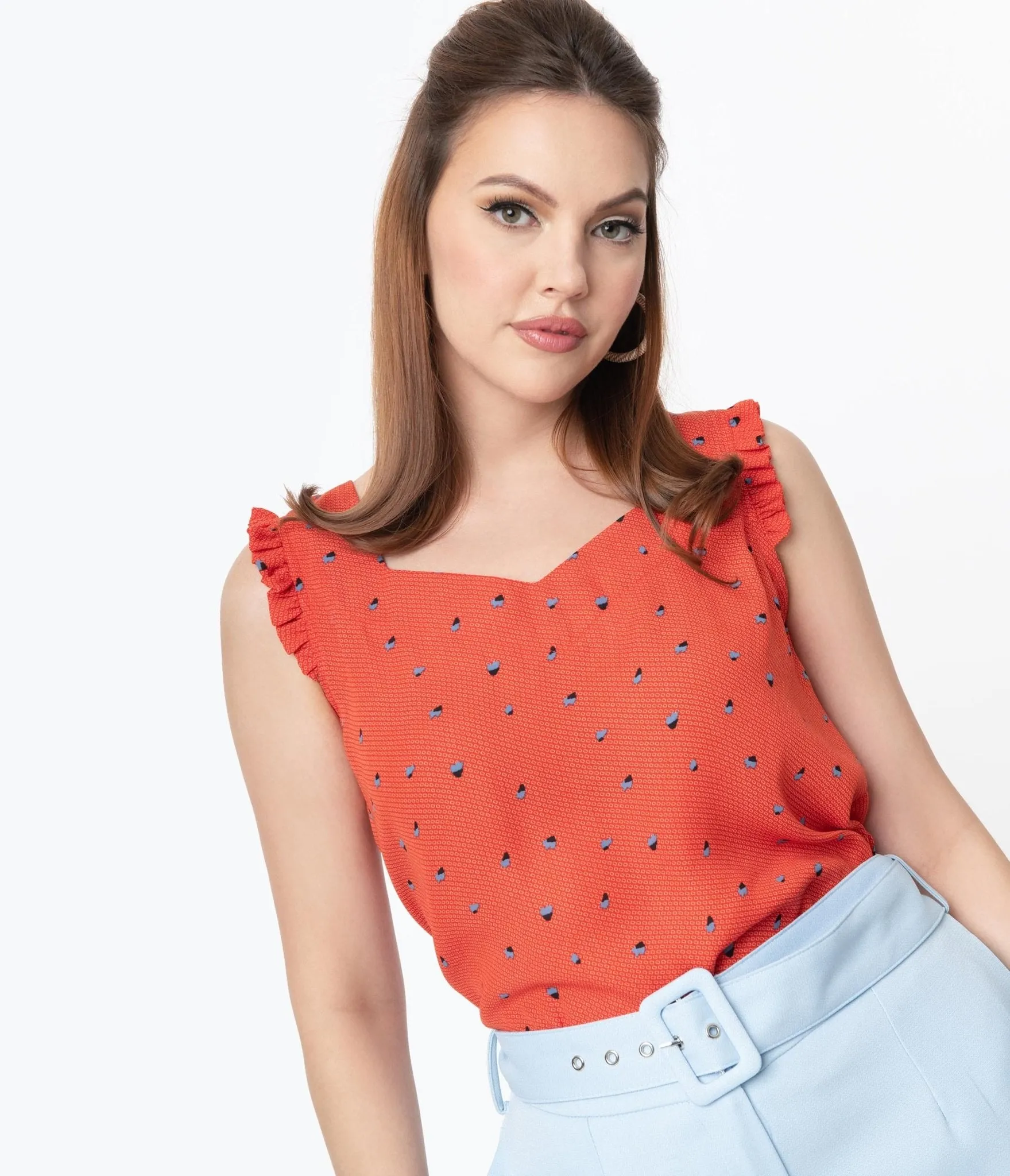 Red Abstract Pattern & Blue Floral Print Sleeveless Blouse