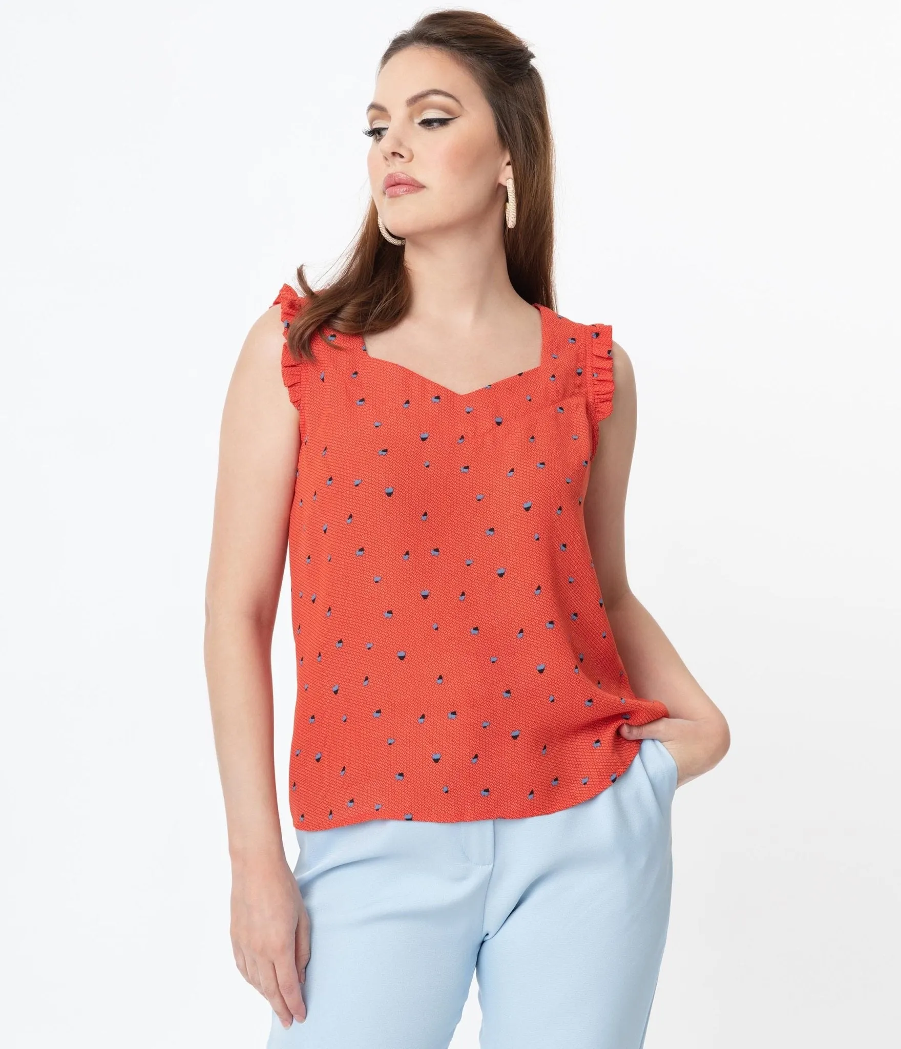 Red Abstract Pattern & Blue Floral Print Sleeveless Blouse