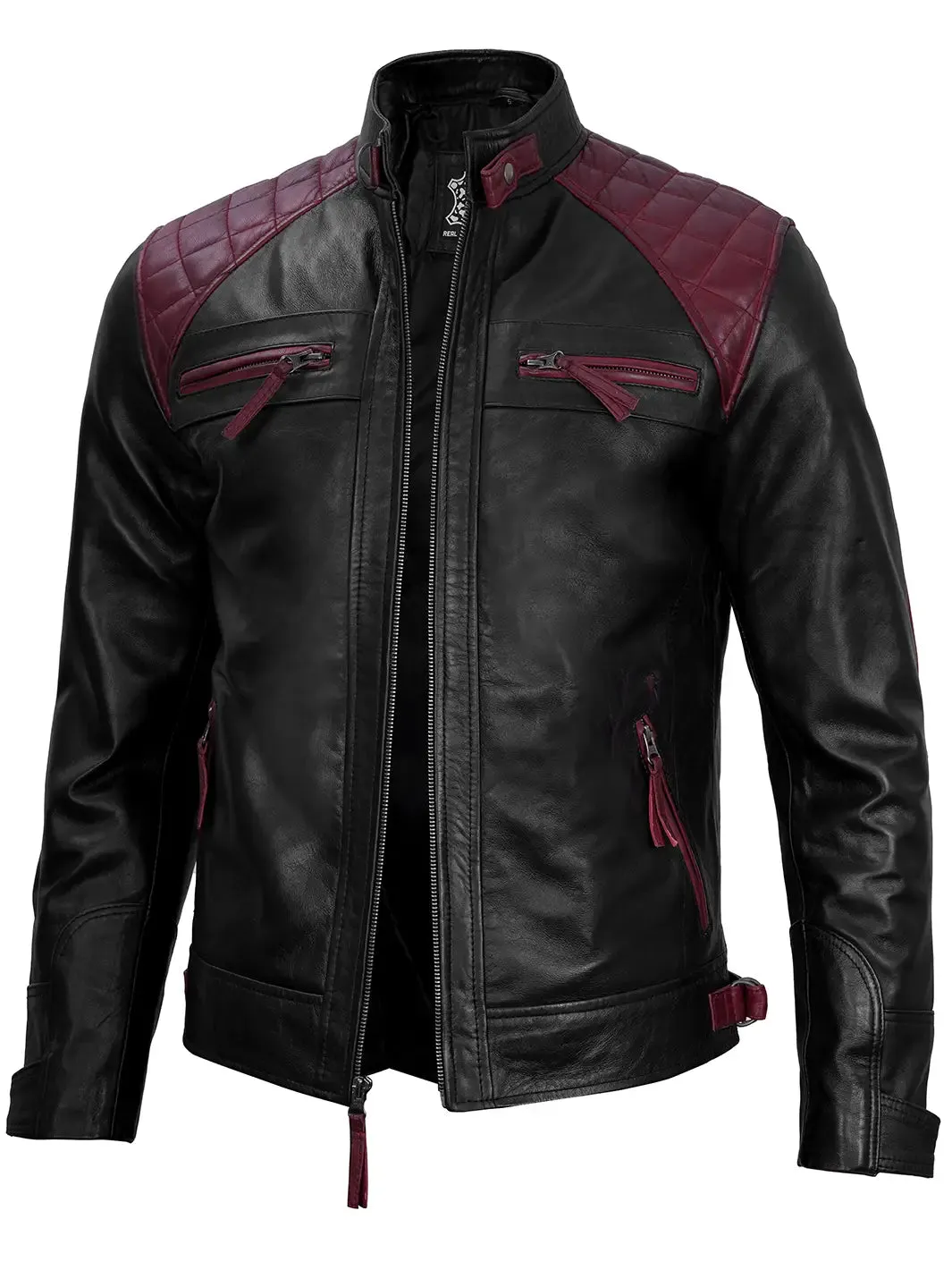 Rollins Men's Black and Maroon Quilted Cafe Racer Leather Jacket