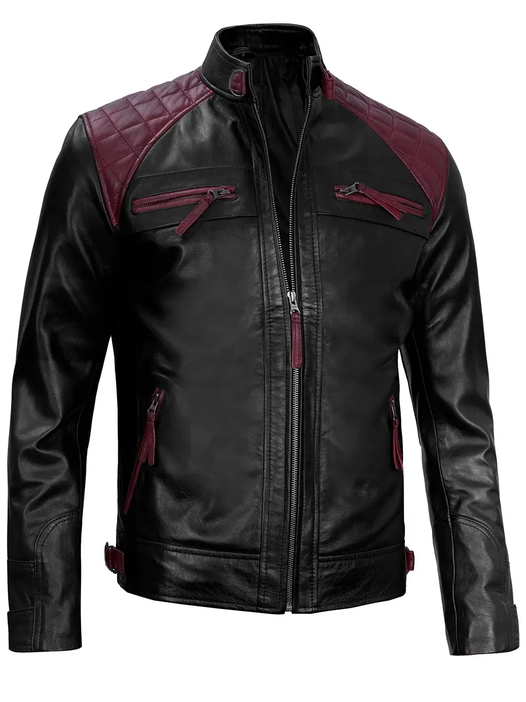 Rollins Men's Black and Maroon Quilted Cafe Racer Leather Jacket