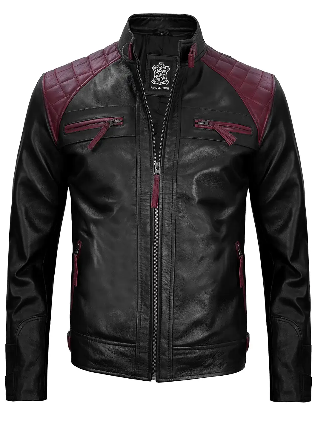 Rollins Men's Black and Maroon Quilted Cafe Racer Leather Jacket