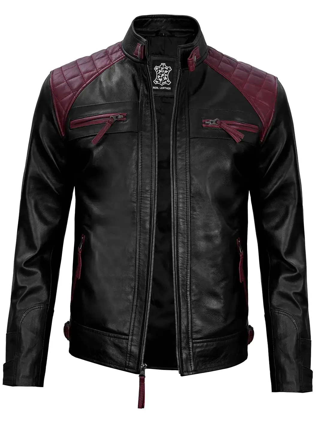 Rollins Men's Black and Maroon Quilted Cafe Racer Leather Jacket