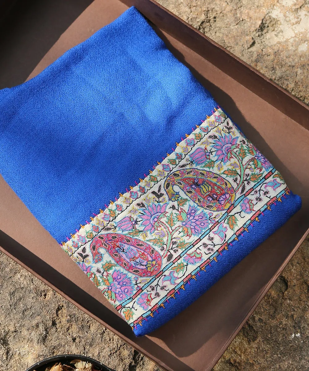 Royal Blue Pure Pashmina Scarf With Applique Border In Kalamkari