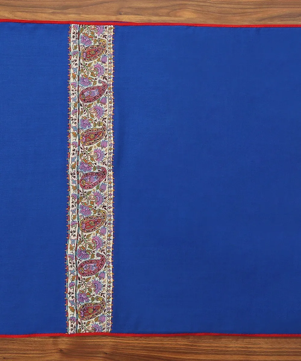 Royal Blue Pure Pashmina Scarf With Applique Border In Kalamkari