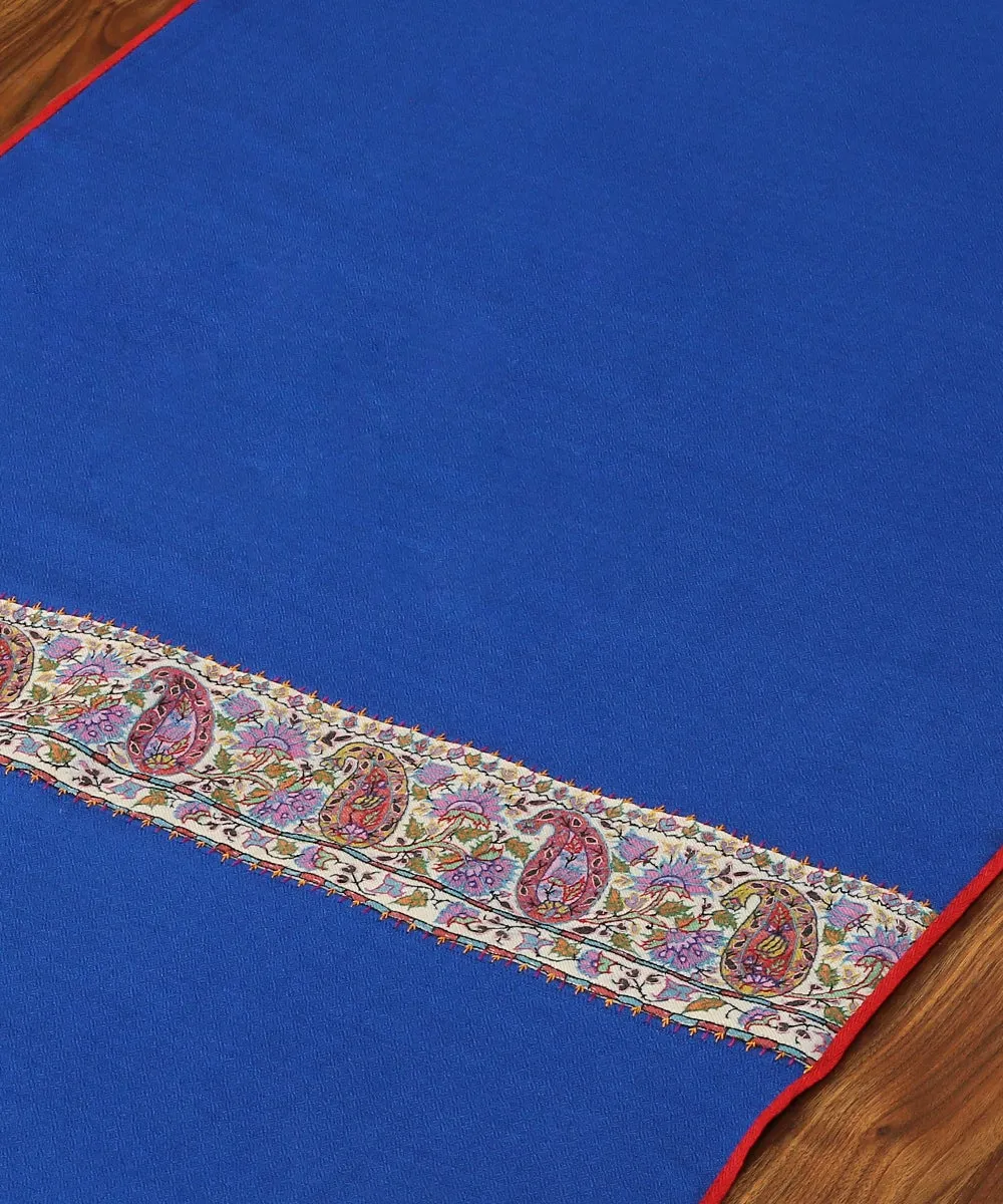 Royal Blue Pure Pashmina Scarf With Applique Border In Kalamkari