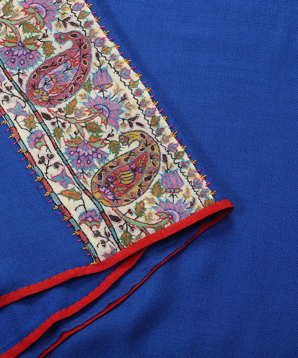 Royal Blue Pure Pashmina Scarf With Applique Border In Kalamkari