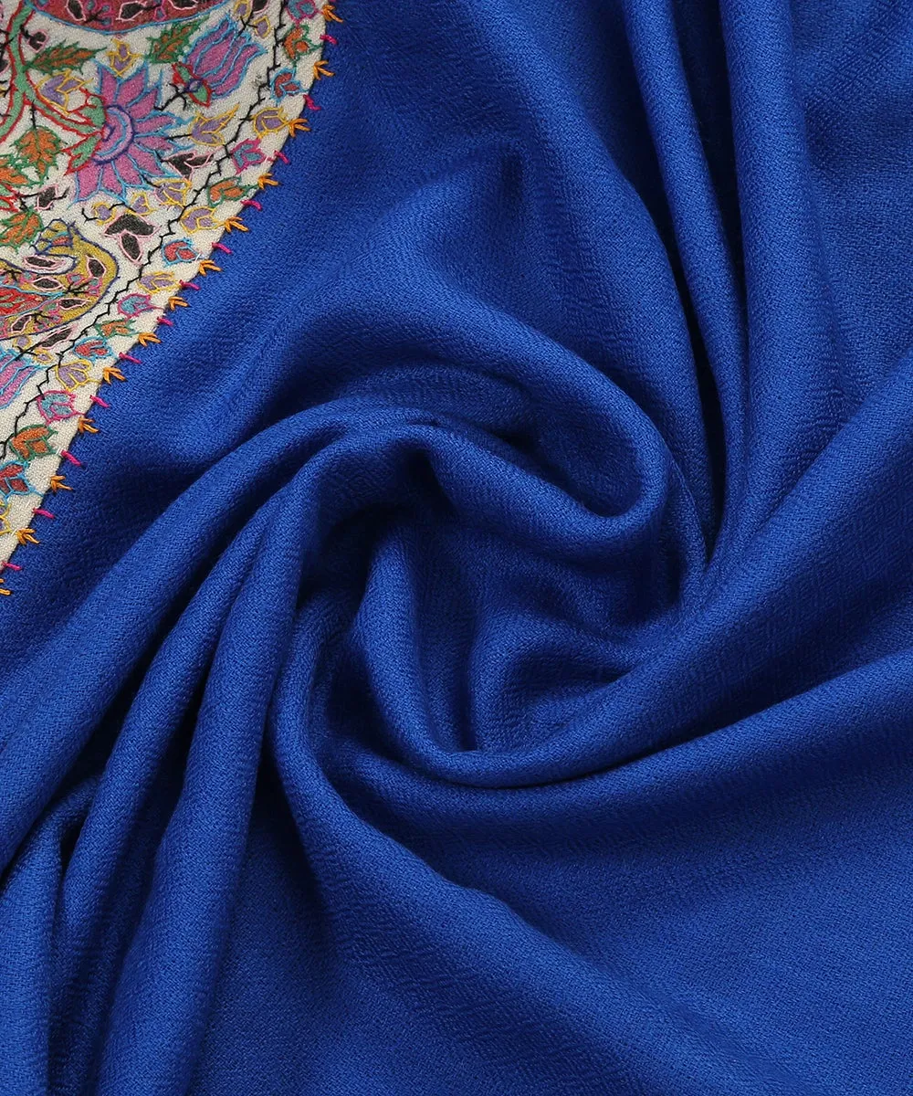 Royal Blue Pure Pashmina Scarf With Applique Border In Kalamkari