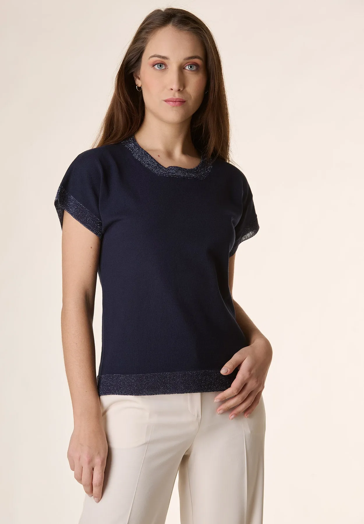 T-Shirt blu tricot dettagli brillantini